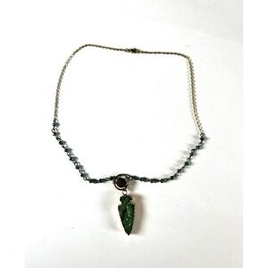 Green Druzy Arrowhead Shaped Pendant Necklace Lava Rock & Beaded Chain‎